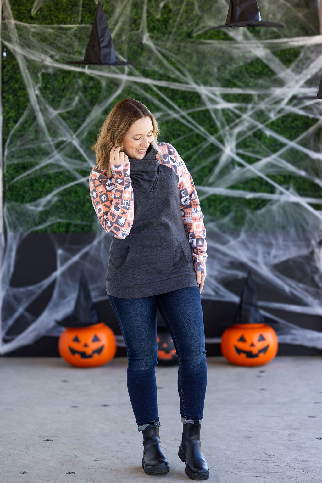 Zoey ZipCowl Sweatshirt -Trick-or-Treat Checkered and Charcoal